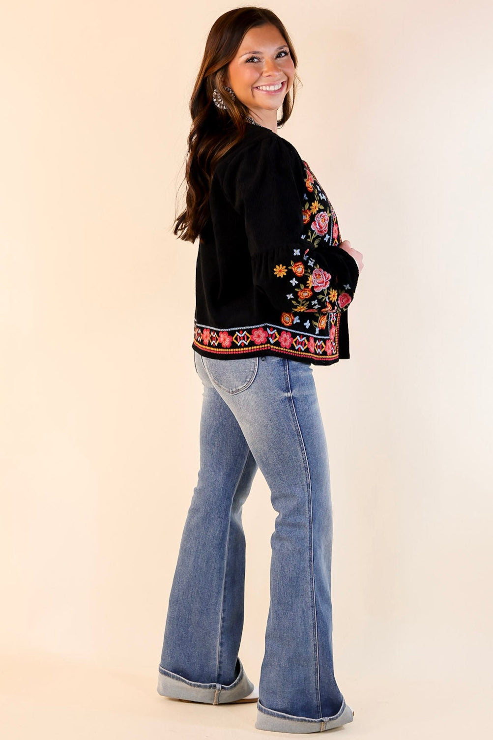 More To Say Corduroy Floral Embroidered Jacket in Black