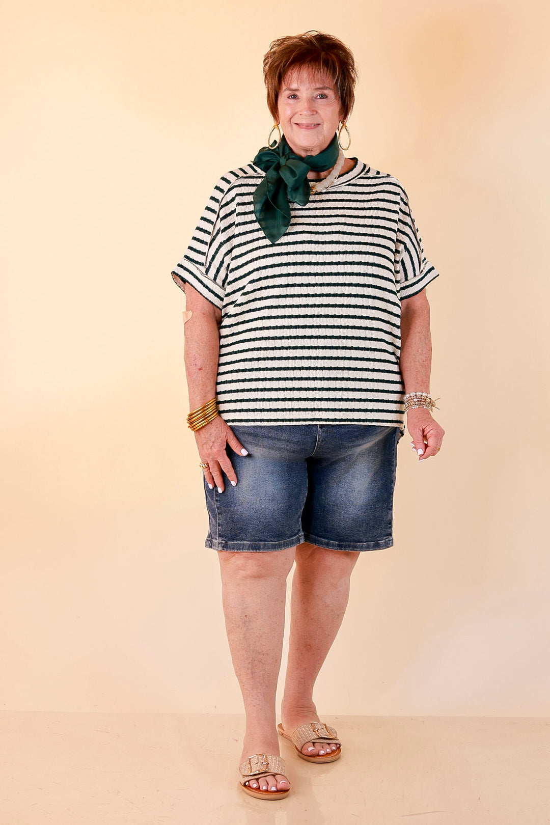 On The Daily Scoop Neck Short Sleeve Striped Textured Top in Hunter Green