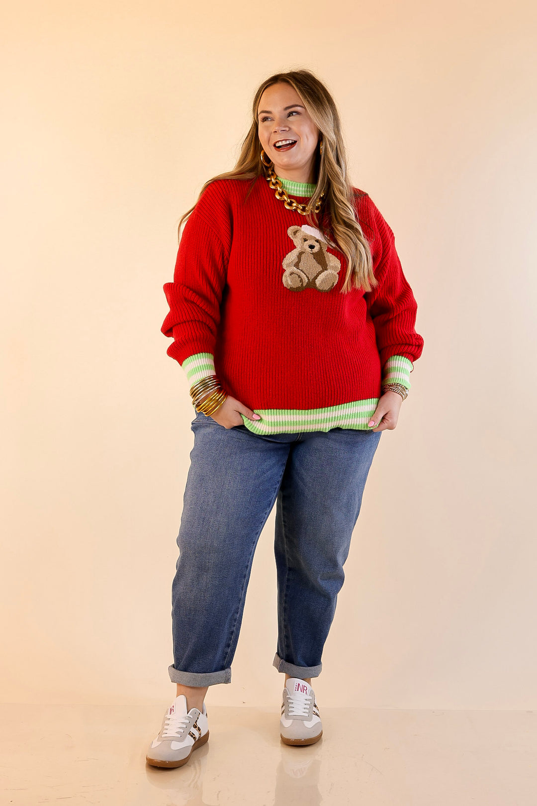 Simply Southern | Beary Merry Crewneck Sweater with Teddy Bear Graphic and Green Trim in Red