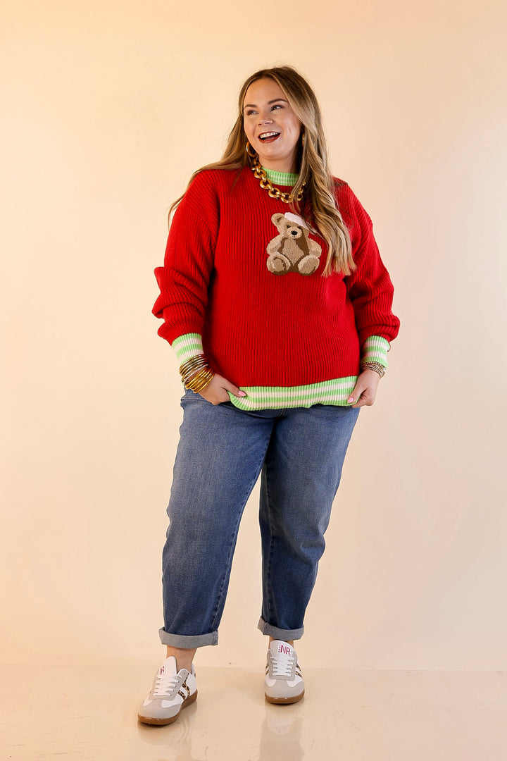 Simply Southern | Beary Merry Crewneck Sweater with Teddy Bear Graphic and Green Trim in Red