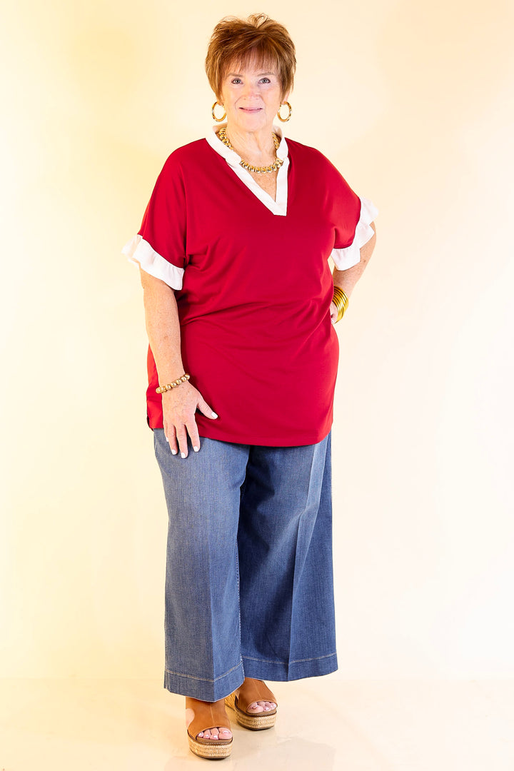 Power Play V Neck with Ruffle Short Sleeves and White Trim in Maroon
