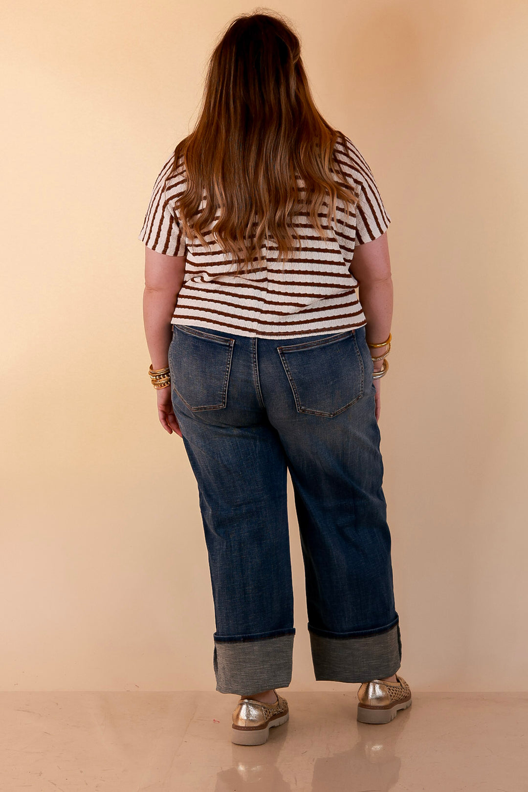 Simply Said Striped Drop Shoulder Collared Cropped Top in Ivory with Chocolate Brown Stripes
