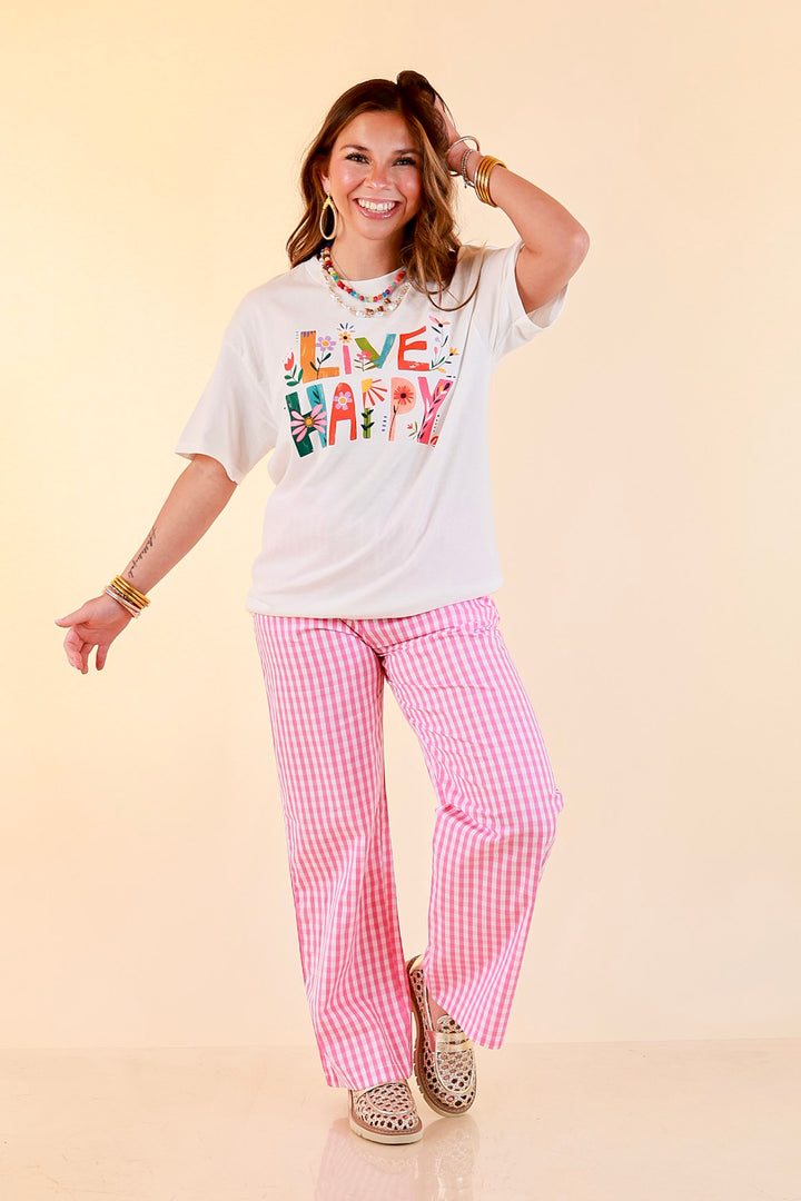 Happiness on Repeat "Live Happy" Floral Print Short Sleeve Graphic Tee in White