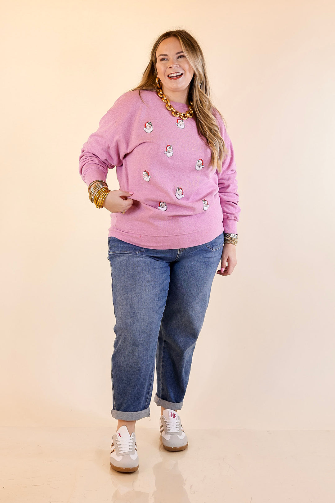 Simply Southern | Peppermint Wishes Santa Graphic Crewneck Sweatshirt in Bubblegum Pink