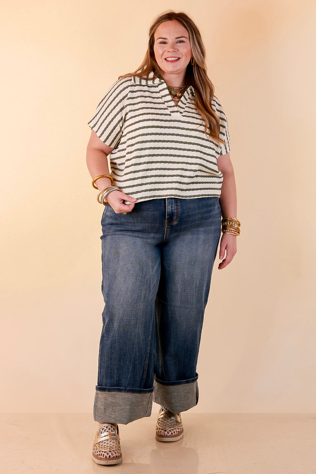 Simply Said Striped Drop Shoulder Collared Cropped Top in Ivory with Olive Green Stripes