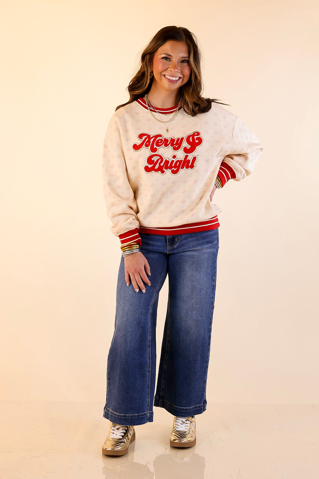 Simply Southern | Holiday Cheer Club Merry & Bright Floral Varsity Sweatshirt in Ivory