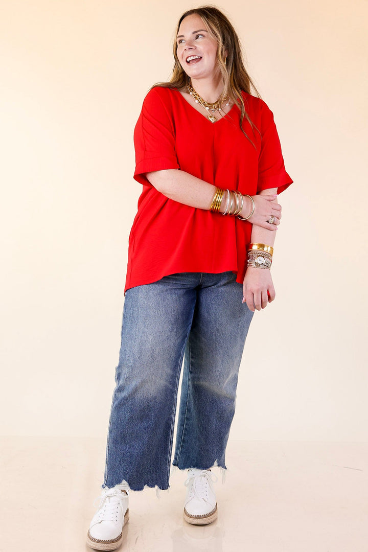 Classically Chic Short Sleeve V Neck Top in Red