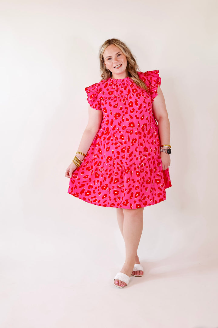 Daring and Delightful Leopard Print Dress with Ruffle Cap Sleeves in Pink - Giddy Up Glamour Boutique