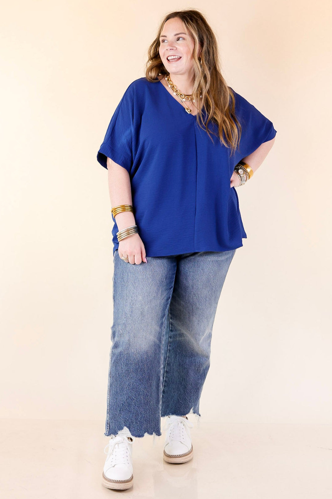 Classically Chic Short Sleeve V Neck Top in Navy