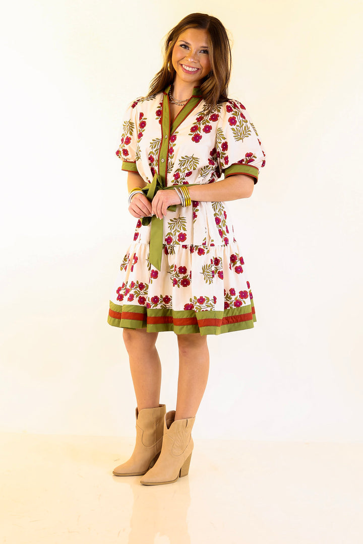 Garden Party Floral Dress with Dropped Skirt and Olive and Maroon Trim in Cream