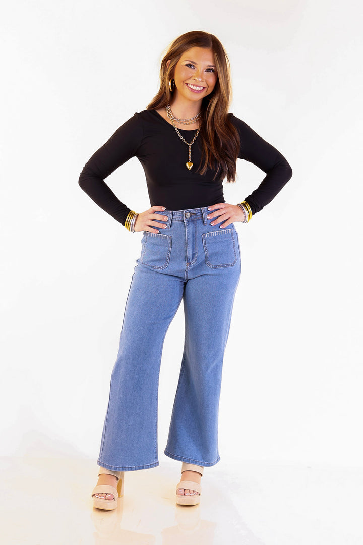 Patch Me In Denim Wide Leg Cropped Jean with Front Patch Pocket and Crochet Trim in Medium Wash