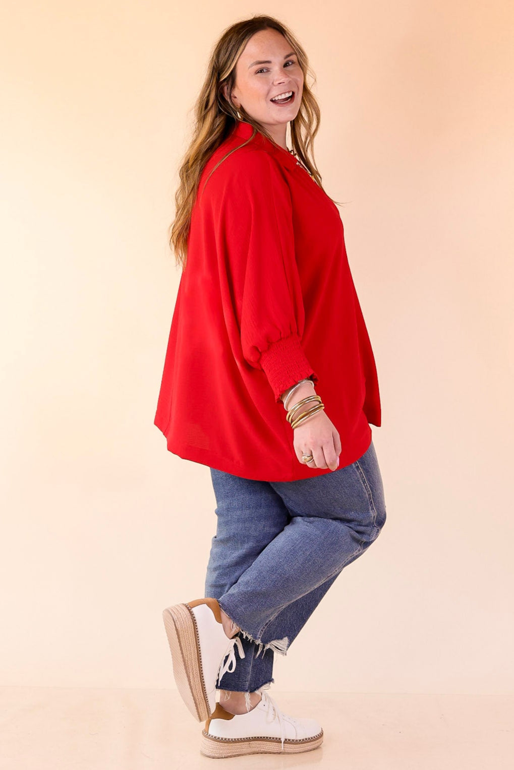 Spoken In Style Collared Blouse with Smoked Sleeve Band in Ruby