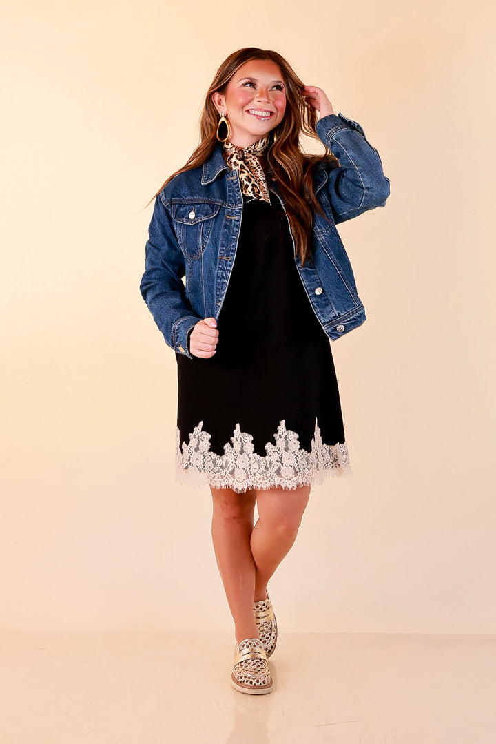 Just a Little Something Sleeveless Knit Mini Dress with Lace Trim in Black