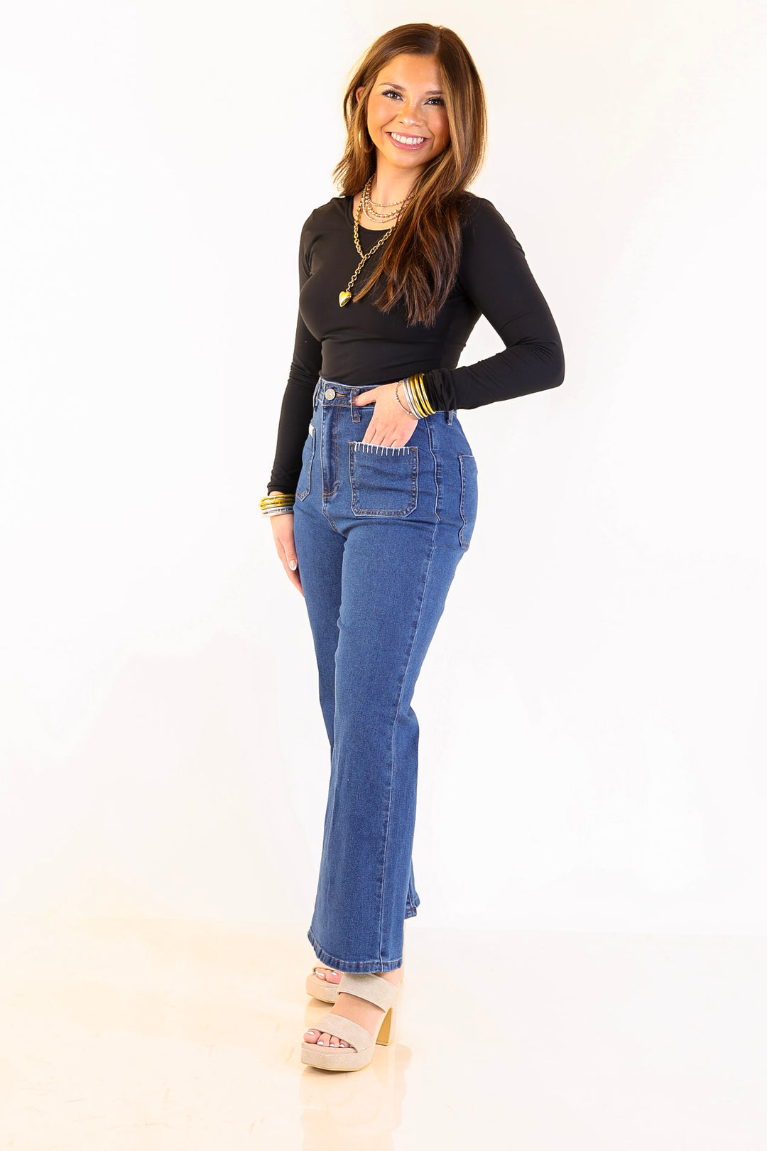Patch Me In Denim Wide Leg Cropped Jean with Front Patch Pocket and Crochet Trim in Dark Wash