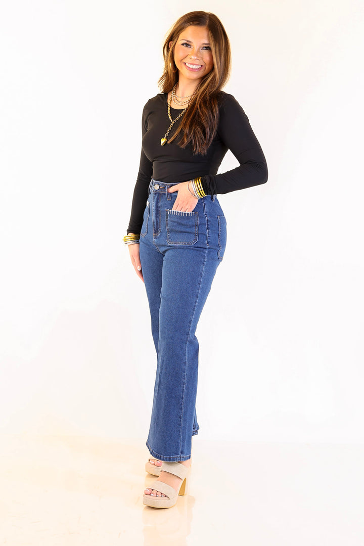 Patch Me In Denim Wide Leg Cropped Jean with Front Patch Pocket and Crochet Trim in Dark Wash
