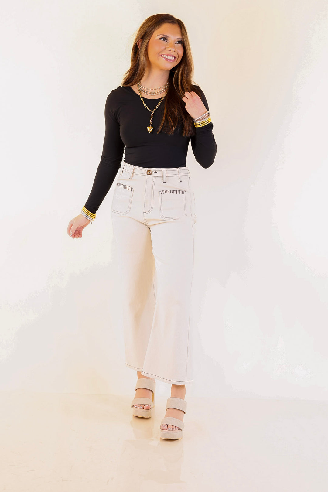 Patch Me In Denim Wide Leg Cropped Jean with Front Patch Pocket and Crochet Trim in Cream