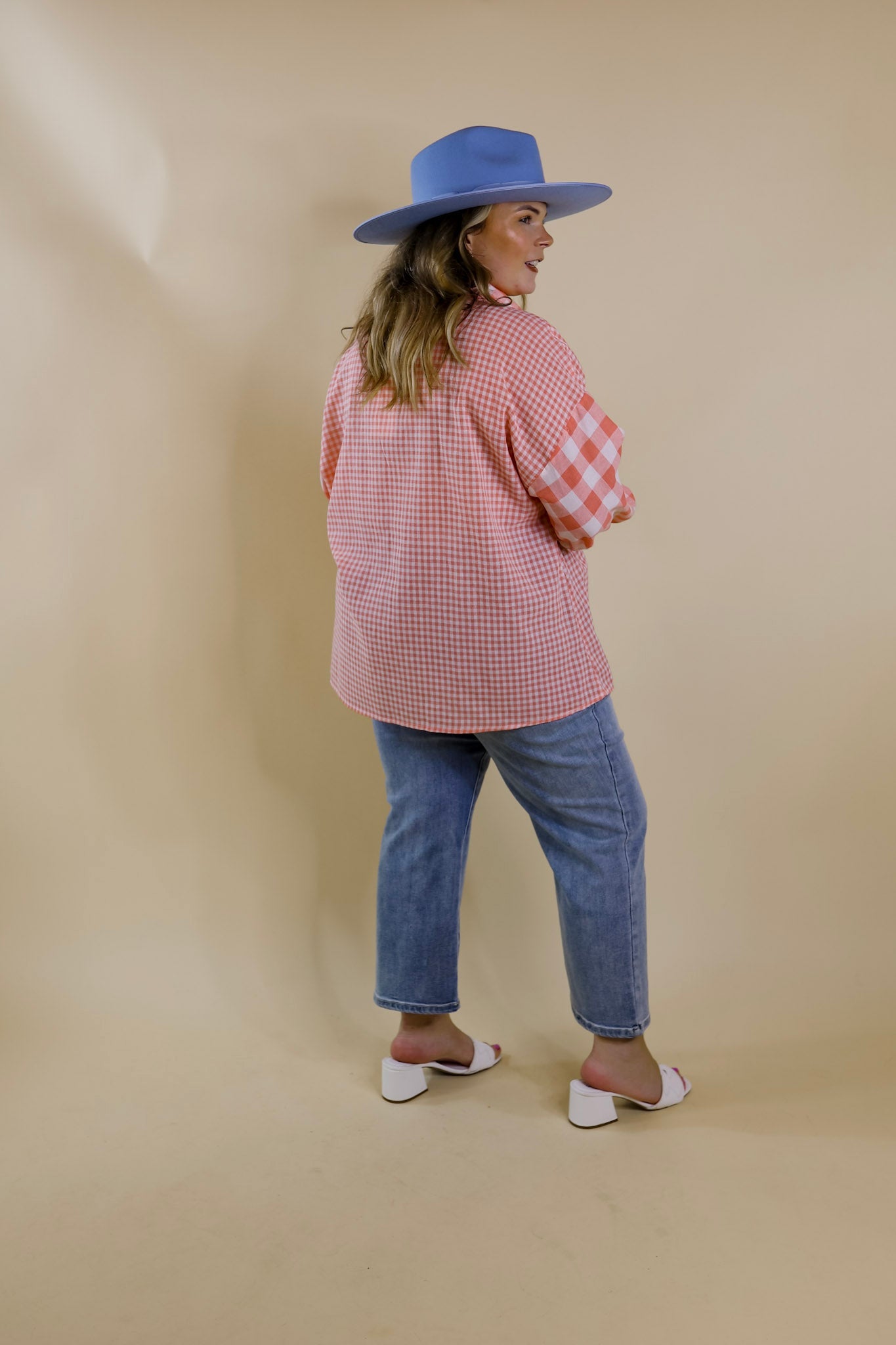 Waiting For You Mix Plaid Button Up Top in Coral Orange - Giddy Up Glamour Boutique