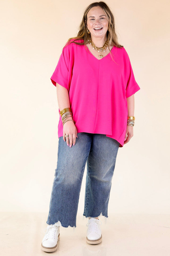 Classically Chic Short Sleeve V Neck Top in Hot Pink
