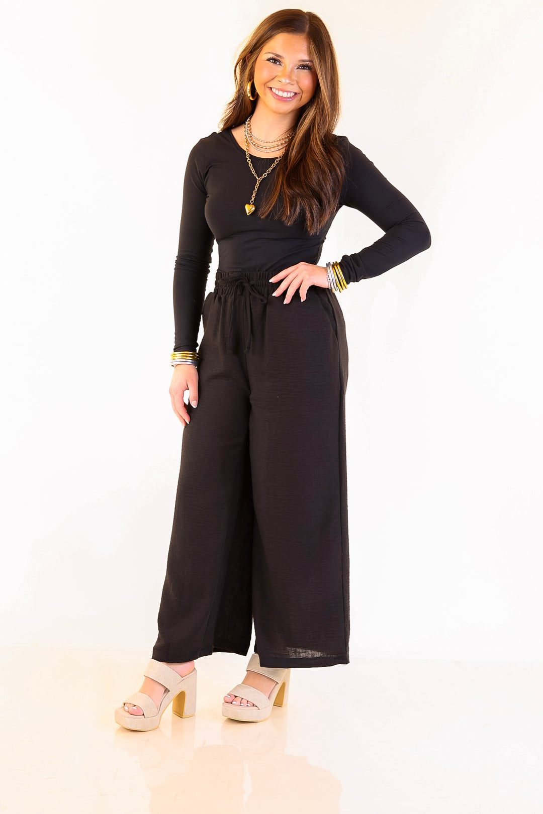 On Repeat Cropped Drawstring Woven Pants in Black