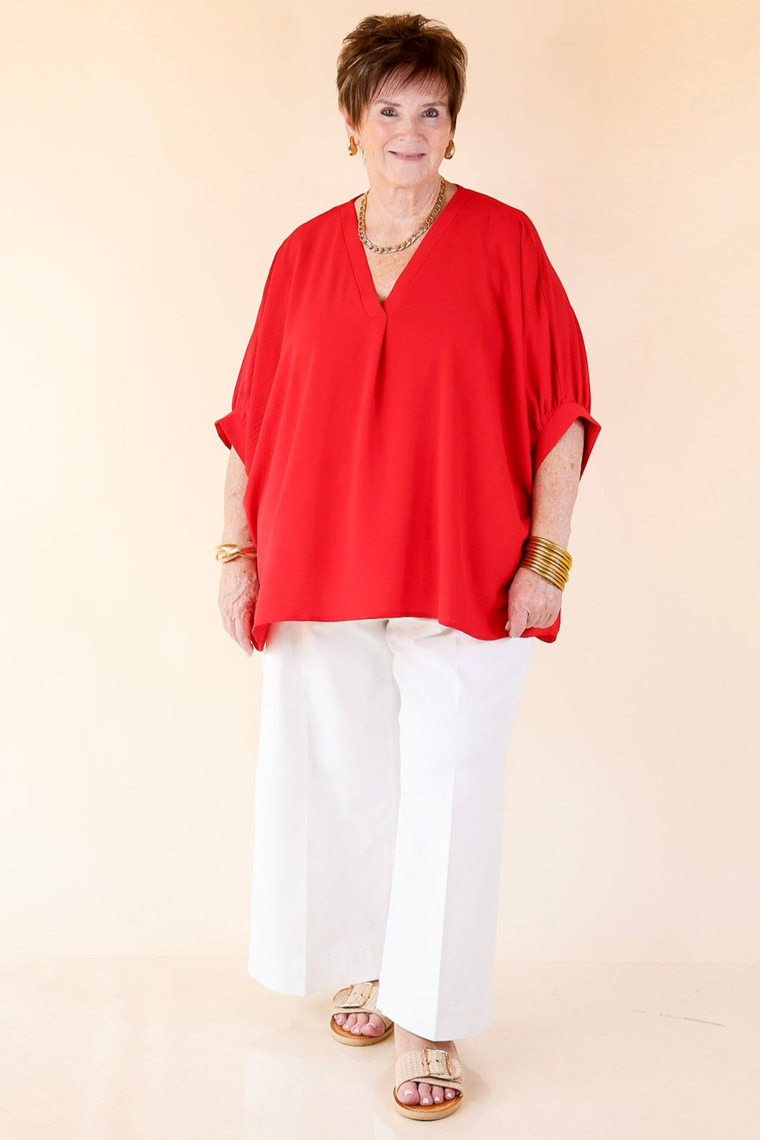 Elevated Basics V Neck Top with Half Sleeves in Ruby