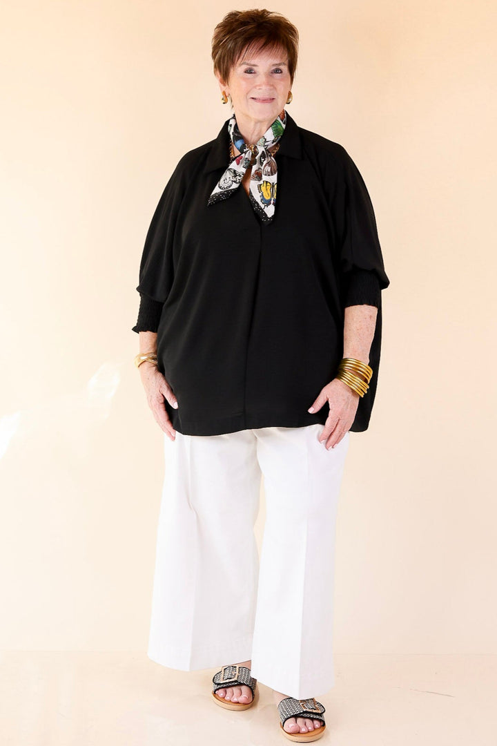 Spoken In Style Collared Blouse with Smoked Sleeve Band in Black