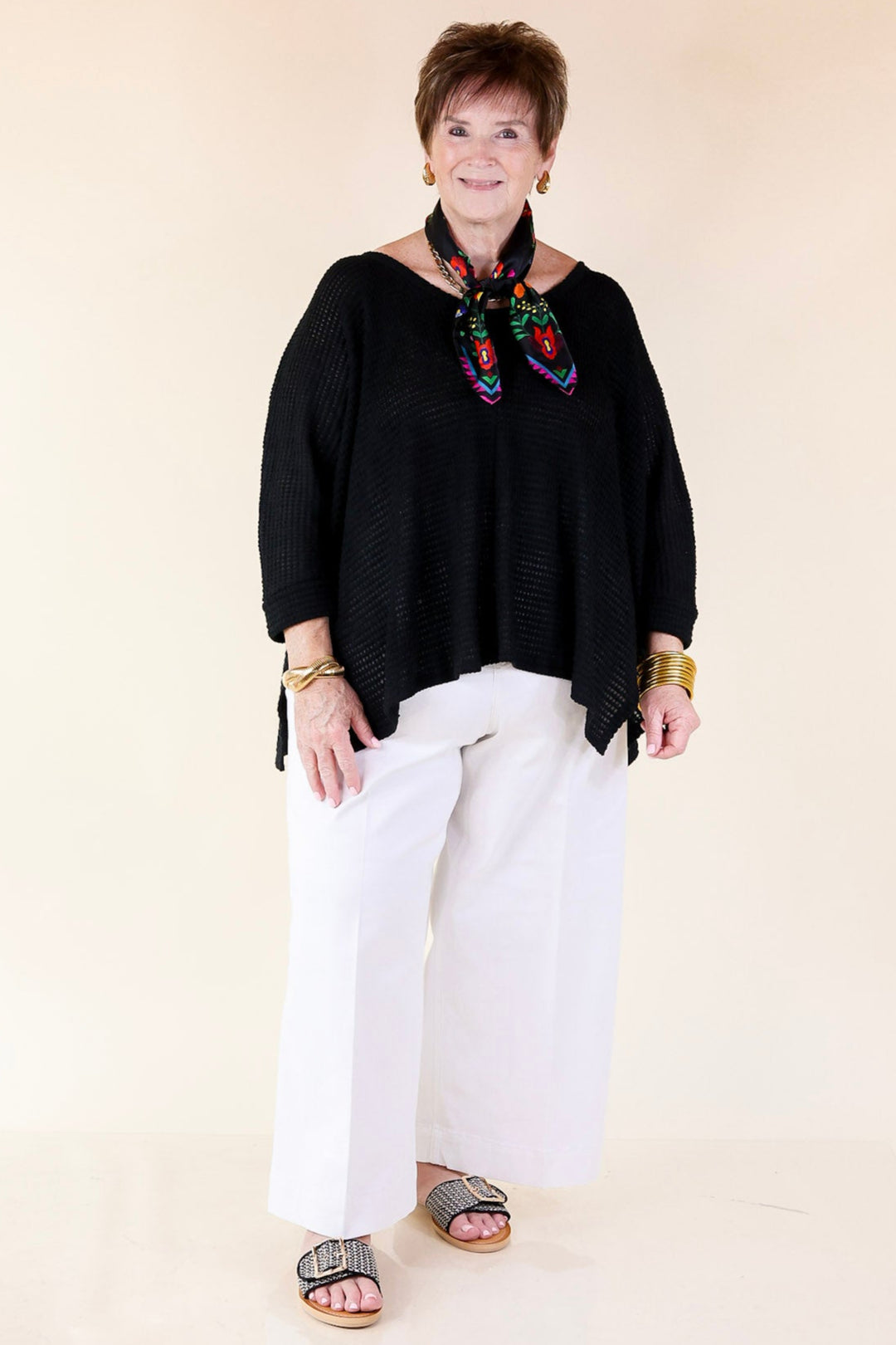 Breezy Intuition 3/4 Cuffed Sleeves Waffle Net Blouse In Black