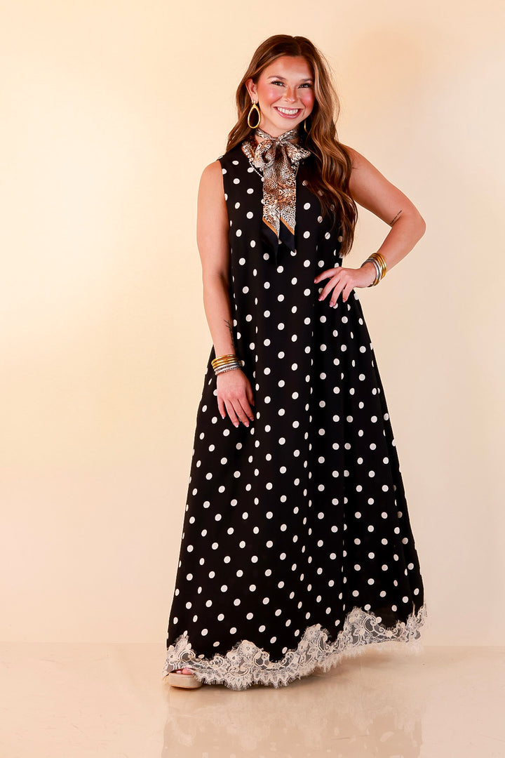 Sweet Little Something Polka Dot Sleeveless Maxi Dress with Lace Trim in Black
