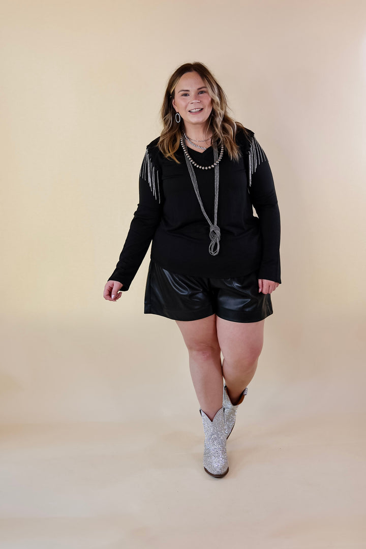 Party Dreams Long Sleeve V Neck Top with Crystal Fringe Shoulders in Black - Giddy Up Glamour Boutique