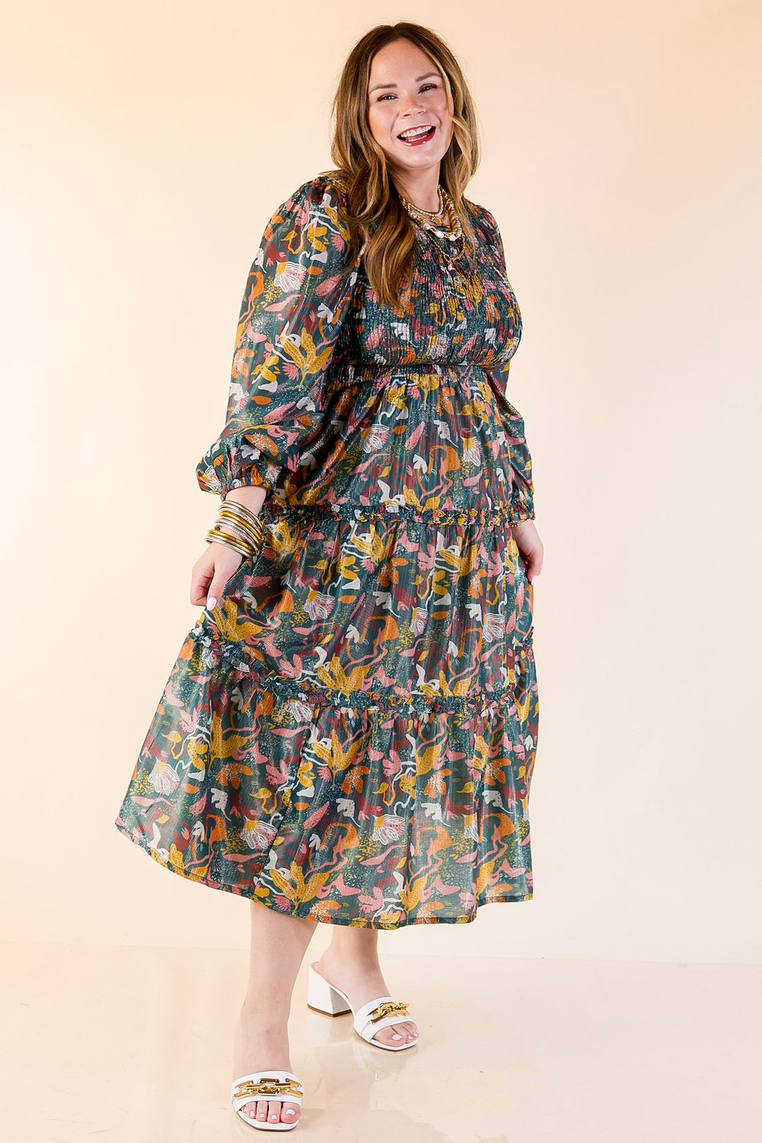 Mud Pie | Shaffer Smocked Bodice Long Sleeve Midi Dress with Tiered Skirt in Blue Mix