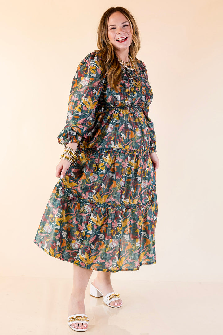 Mud Pie | Shaffer Smocked Bodice Long Sleeve Midi Dress with Tiered Skirt in Blue Mix