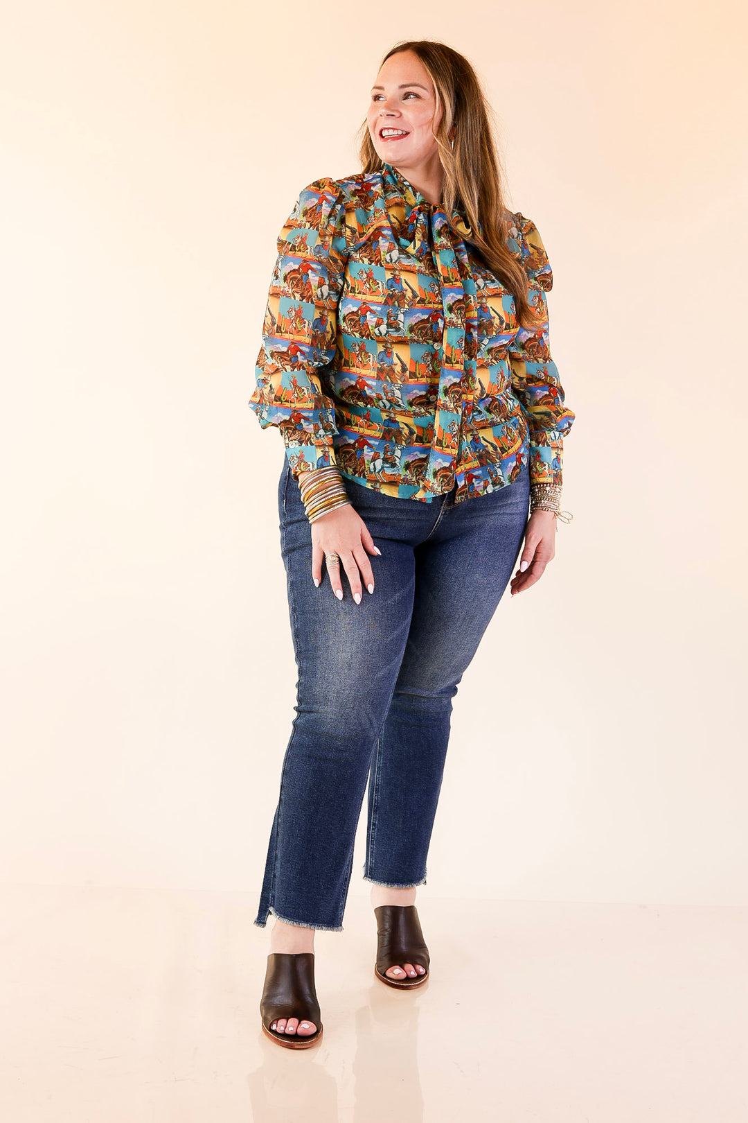 Wild at Heart Bowtie Button Up Collared Mesh Blouse Top with Cowboy Pop Art Print in Blue