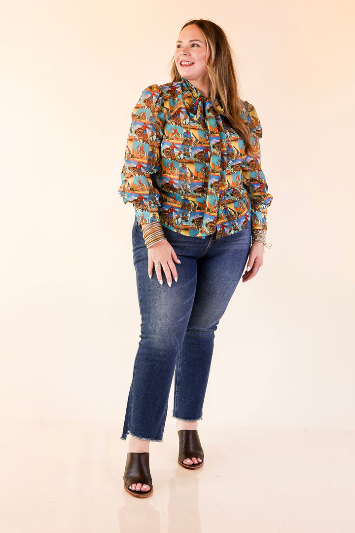 Wild at Heart Bowtie Button Up Collared Mesh Blouse Top with Cowboy Pop Art Print in Blue