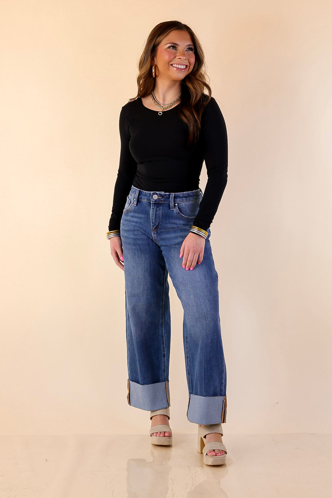 Risen | On Solid Ground Straight Leg Cuffed Jeans in Medium Wash