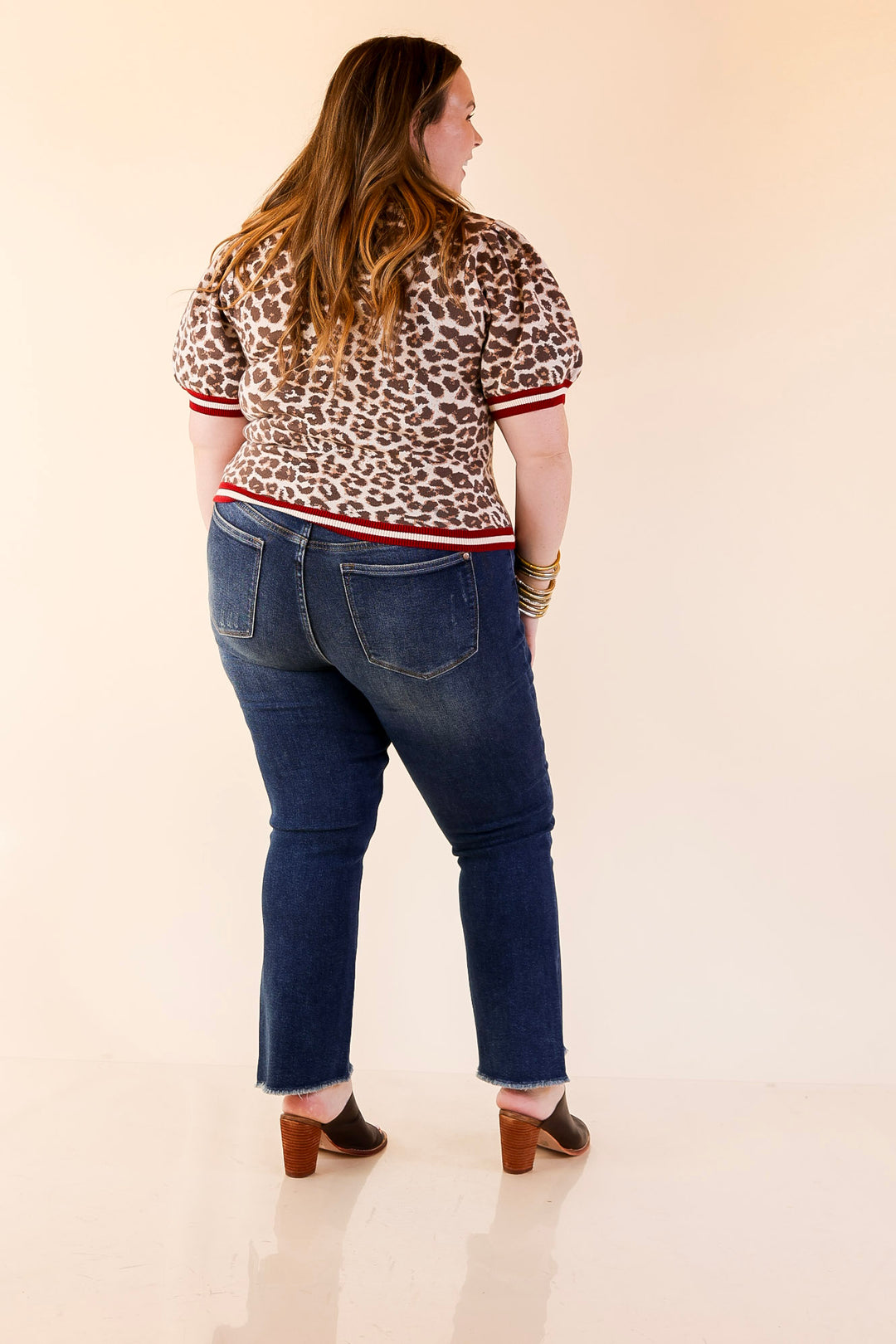 Feline Fine Leopard Print Short Sleeve Sweater with Contrast Trim in Maroon