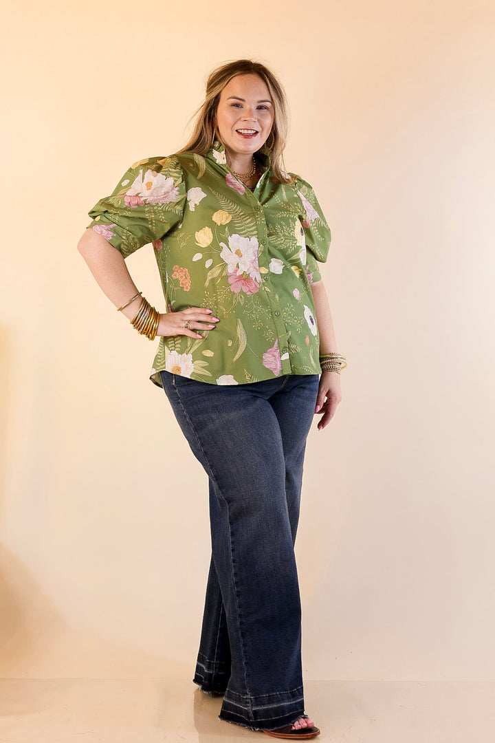 First Glance Button Up Puff Sleeve Floral Print Top in Olive Green