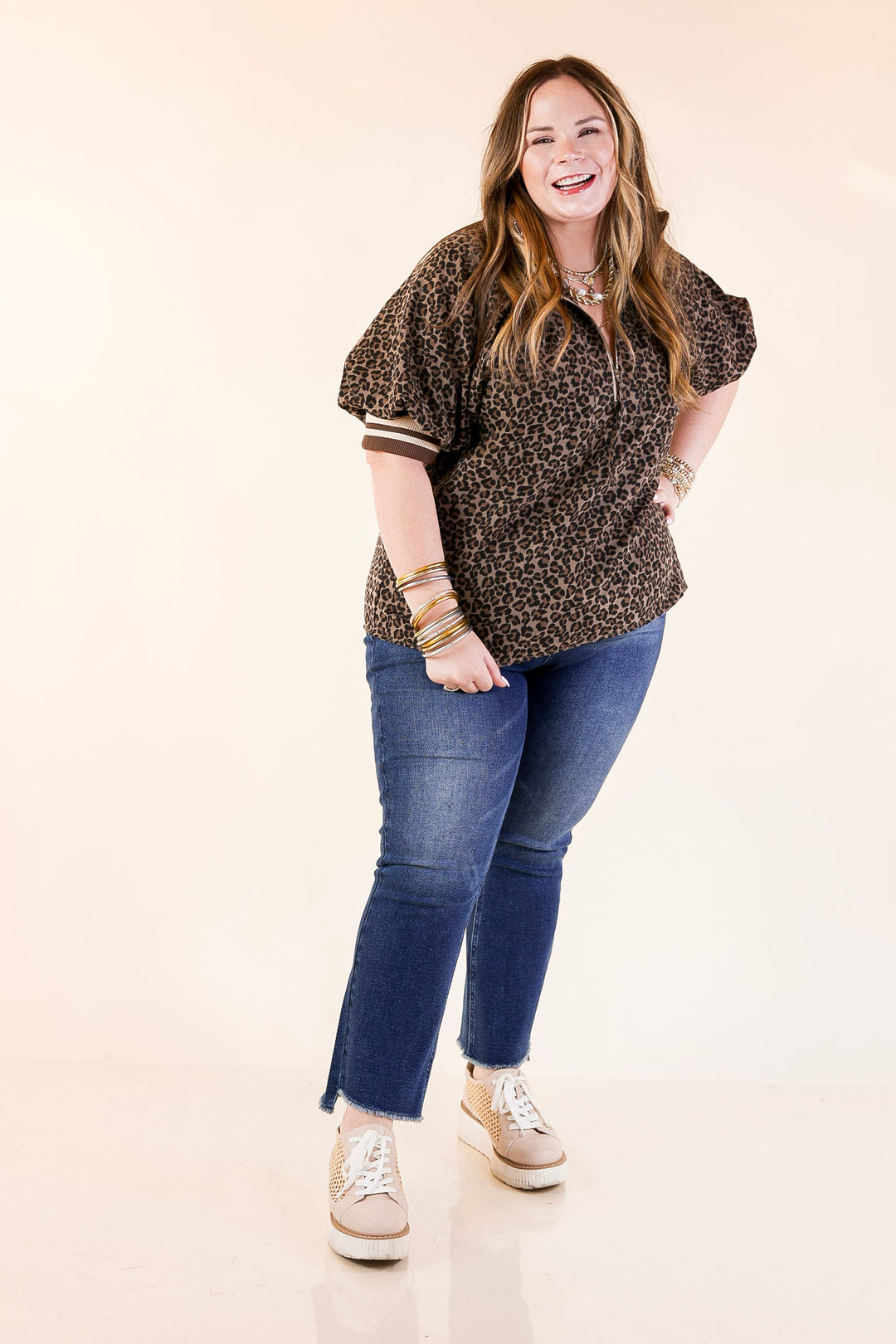 Bold Instincts Leopard Print Half Zip Top with Puff Sleeves in Brown and Cream