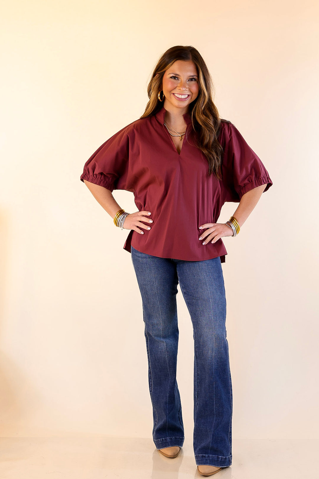 Elevated Basic V-Neck Blouse With Drop Shoulder in Maroon