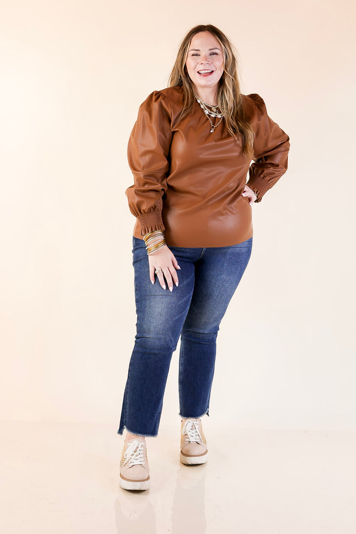 Mud Pie | Putnam Faux Leather Long Sleeve Top with Smocked Cuffs in Tan Brown
