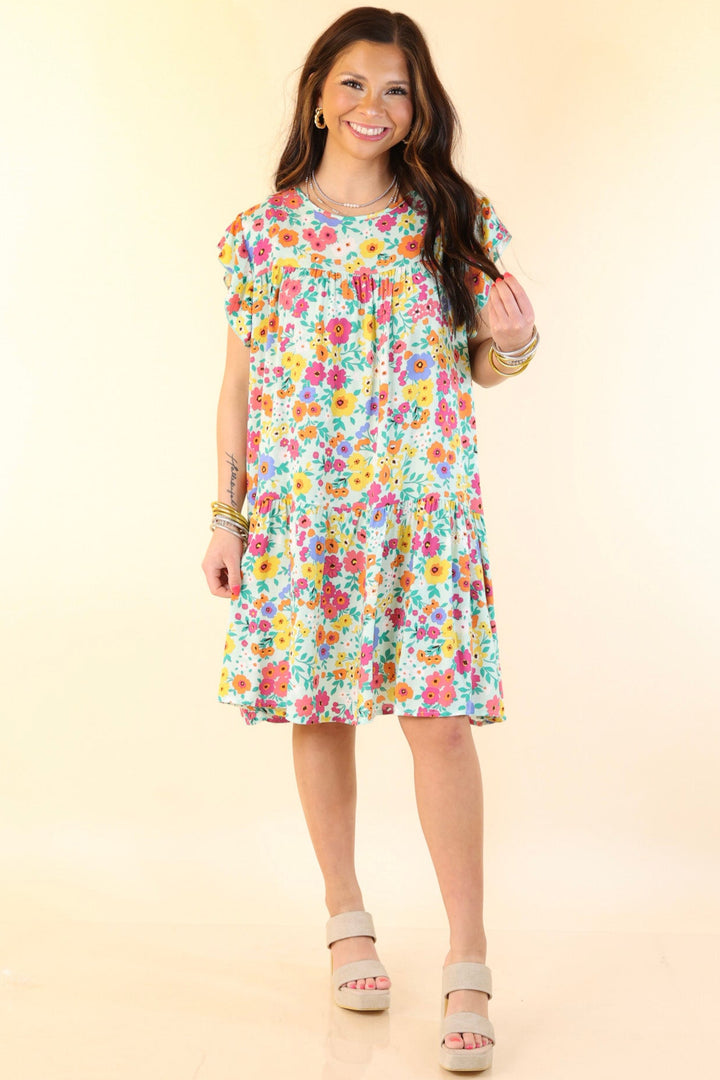 Greek Isles Floral Dress with Ruffle Cap Sleeves in Mint Green