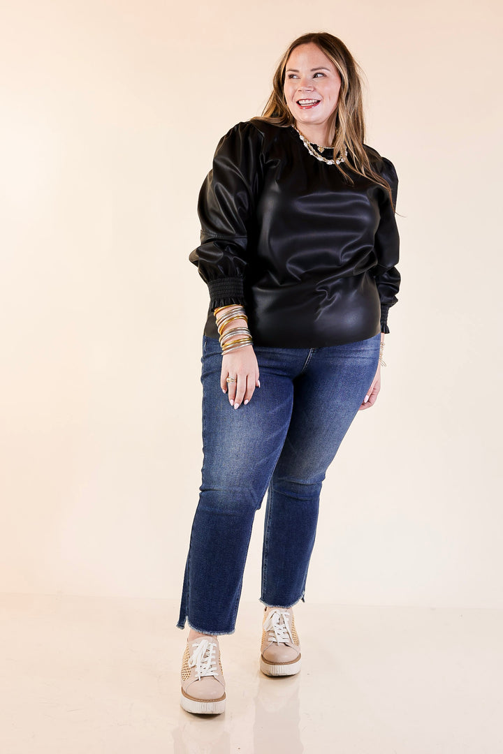 Mud Pie | Putnam Faux Leather Long Sleeve Top with Smocked Cuffs in Black