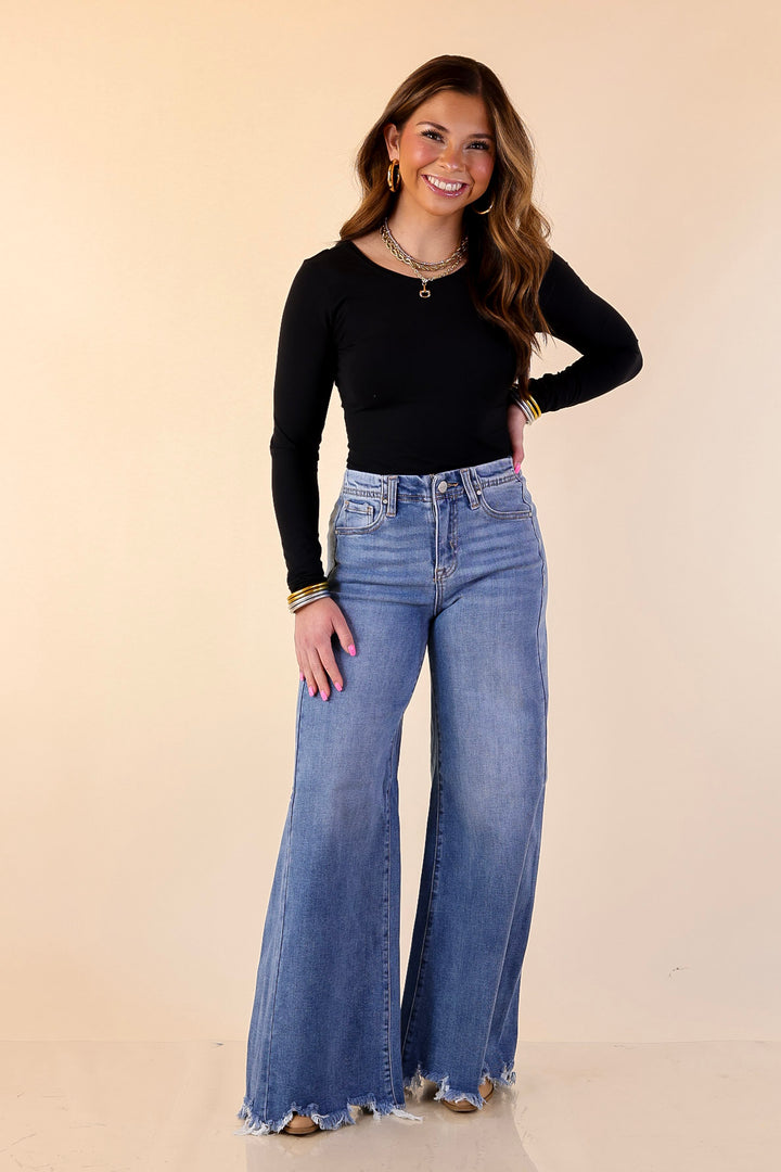 Risen | Holding Steady Wide Leg Raw Hem Jeans in Medium Wash