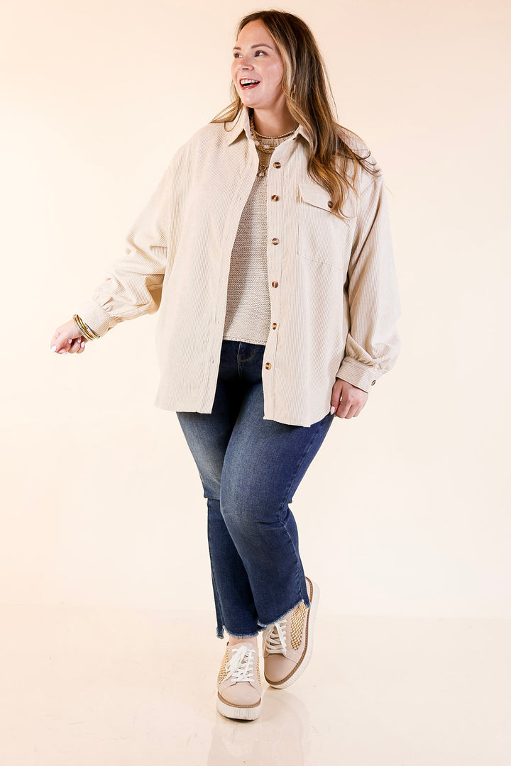 Latte Sips Button Up Corduroy Shacket in Cream