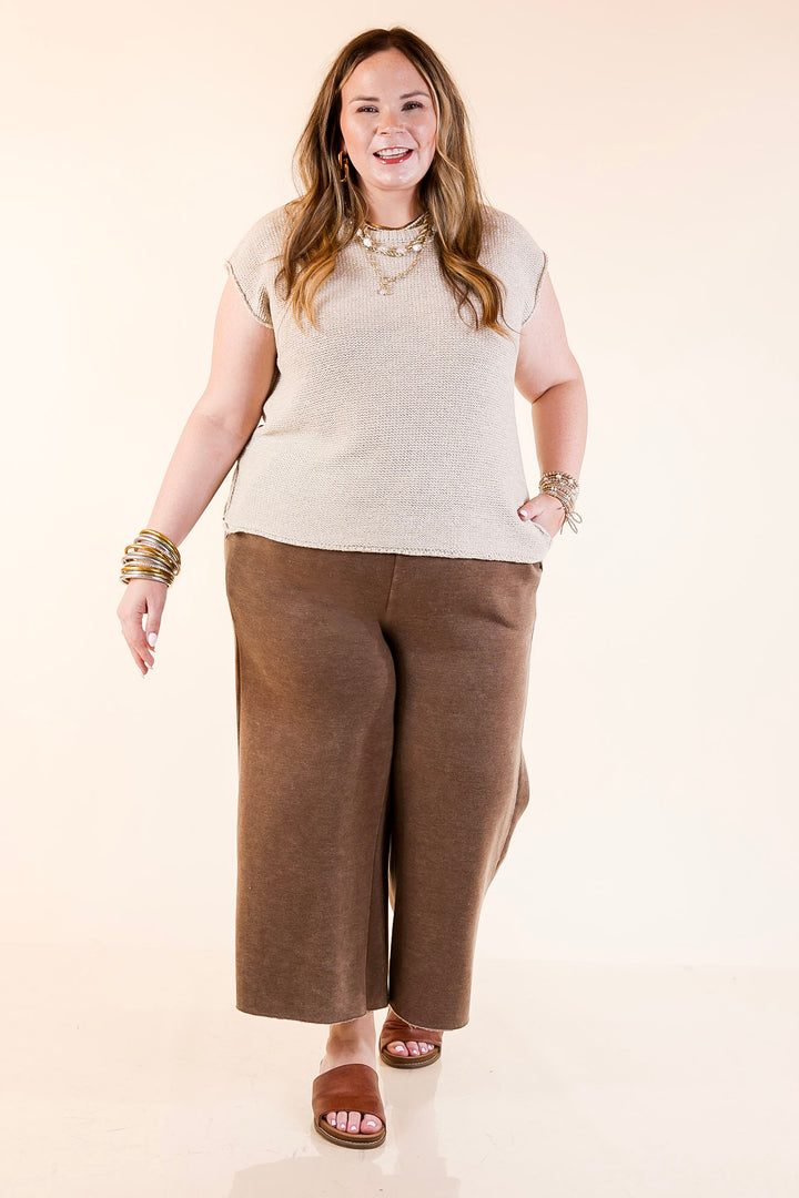 Cozy Girl Cropped Acid Washed Drawstring Pant in Brown