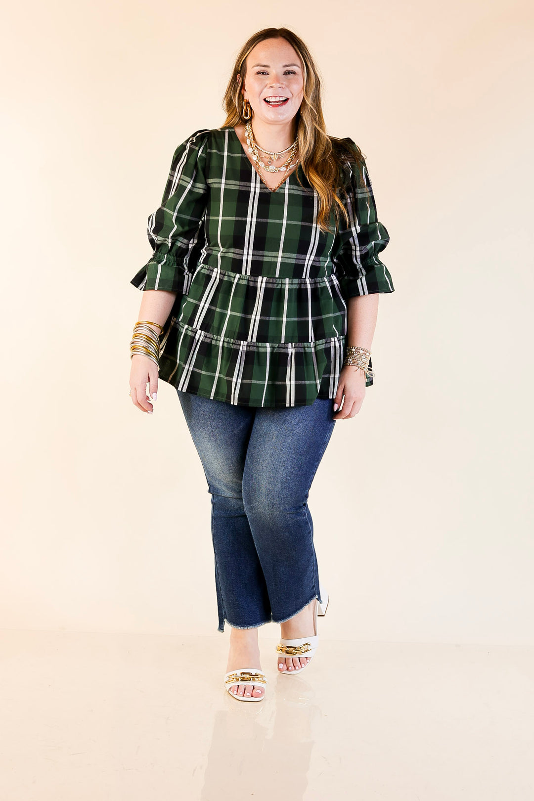 Mud Pie | Ashford Plaid Babydoll Top with Ruffle Hem and 3/4 Balloon Sleeves in Green