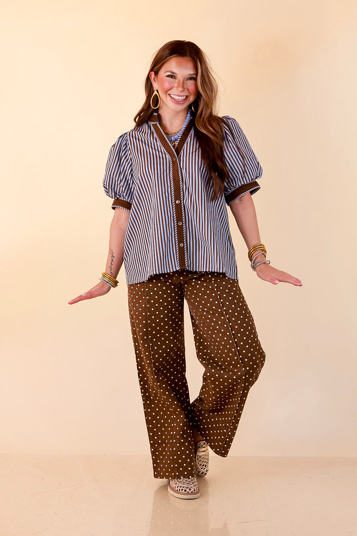 Pop of Polish Short Puff Sleeve Button Front Top with Contrast Trim in Blue and Brown