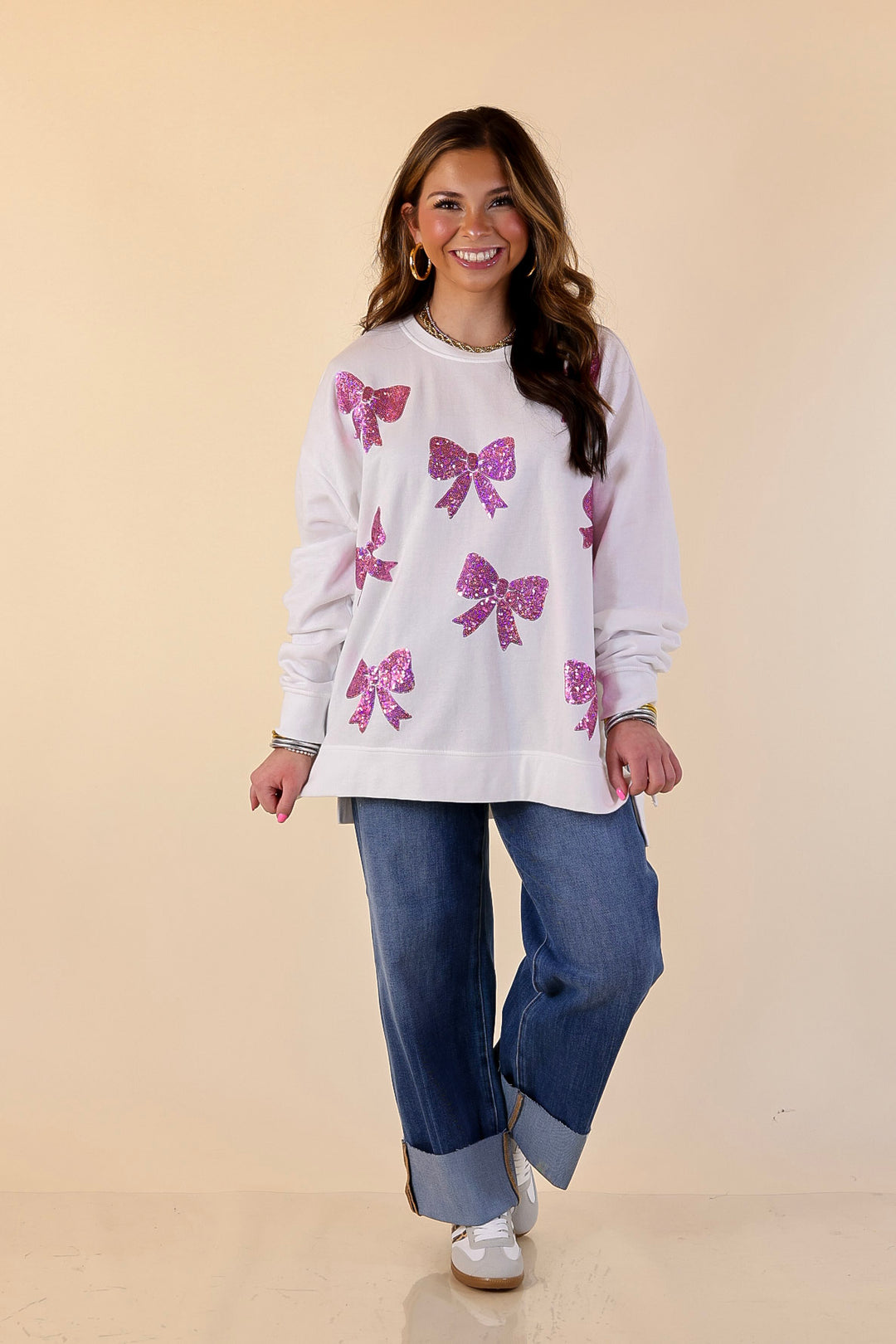 Mud Pie | Feeling Extra Oversized Pink Sequin Bows Graphic Sweatshirt in White