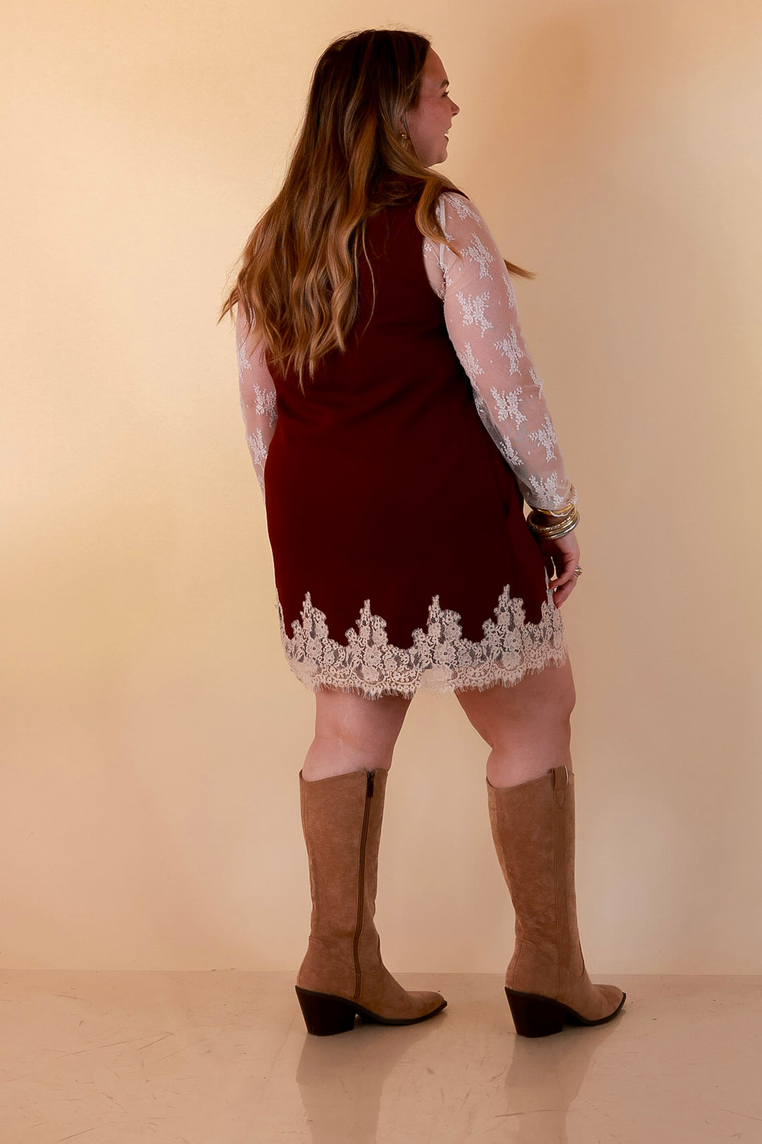 Just a Little Something Sleeveless Knit Mini Dress with Lace Trim in Maroon