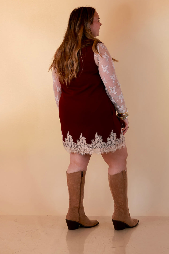 Just a Little Something Sleeveless Knit Mini Dress with Lace Trim in Maroon