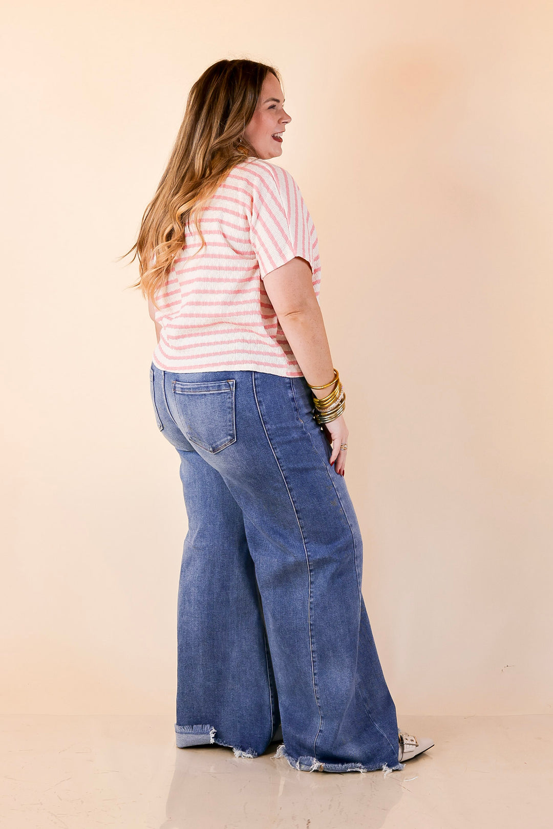 Simply Said Striped Drop Shoulder Collared Cropped Top in Ivory with Pink Stripes