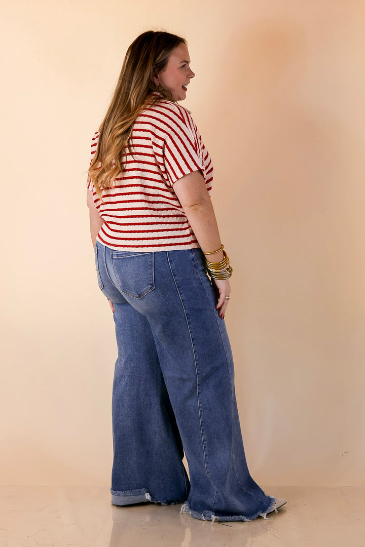 Simply Said Striped Drop Shoulder Collared Cropped Top in Ivory with Red Stripes